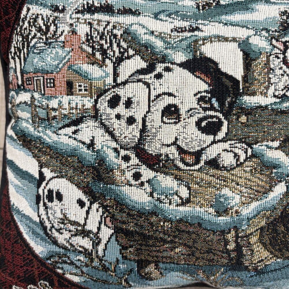Vtg Disney 101 Dalmatians Puppy Tapestry Throw Pillow Winter Woodland 19” x 14” - Picture 2 of 11